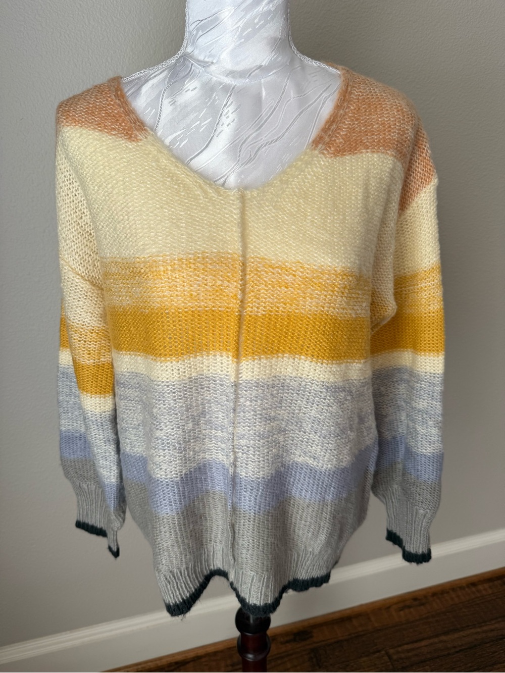 BE COOL Women's Striped V-Neck Sweater in Yellow, Cream & Gray